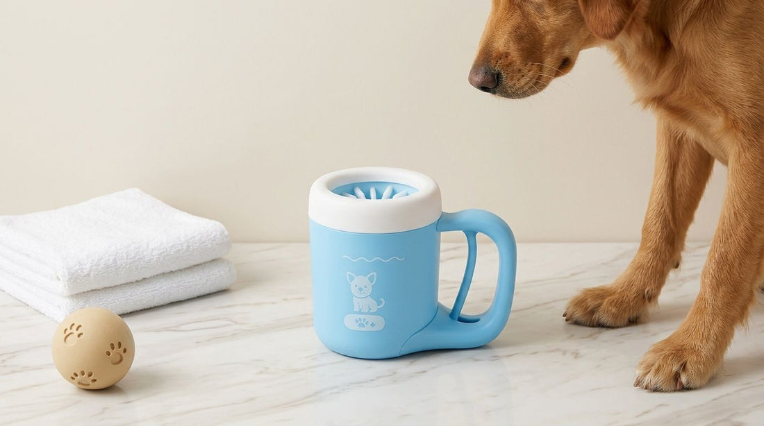 How to introduce a dog paw cleaner cup to a nervous dog