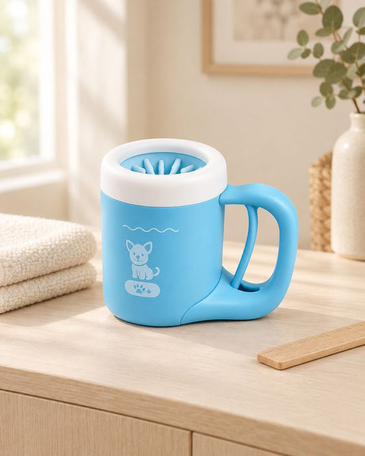 Blue dog paw cleaner cup with white rim and silicone bristles beside a cream towel in a warm home entryway